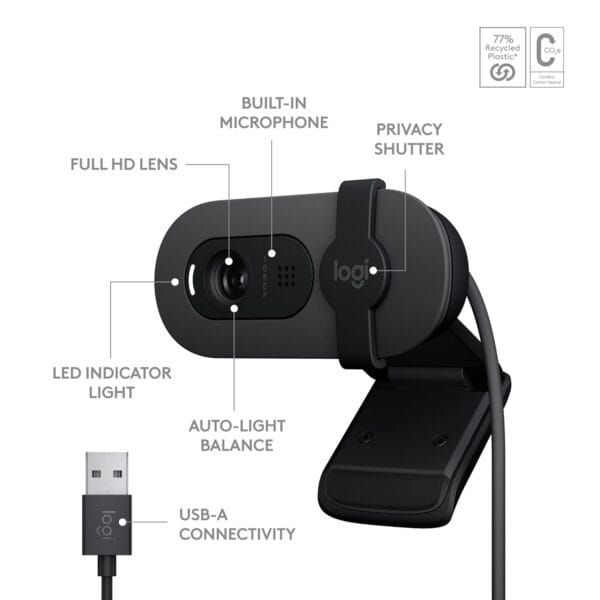 Logitech Brio 100 Full HD Webcam - Meetings and Streaming, Auto-Light Balance, Mic, Privacy Shutter, USB-A - Graphite - Image 6
